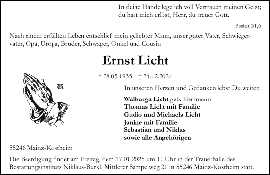 Traueranzeige von Ernst Licht von Allgemeine Zeitung Mainz