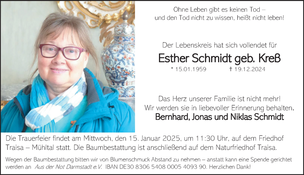  Traueranzeige für Esther Schmidt vom 04.01.2025 aus Darmstädter Echo