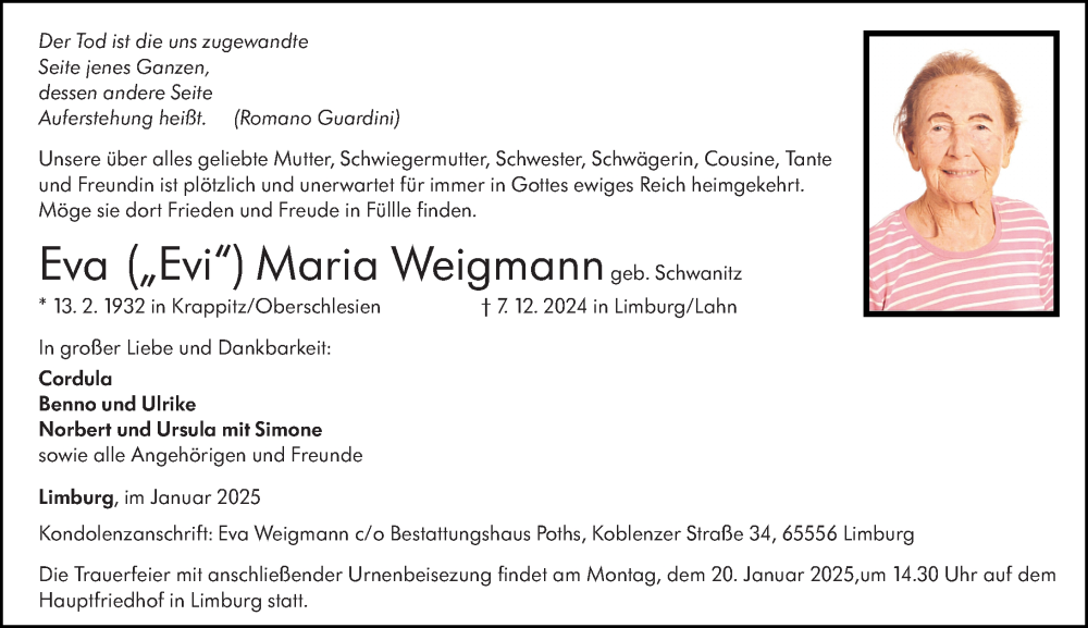  Traueranzeige für Eva Maria Weigmann vom 18.01.2025 aus Nassauische Neue Presse