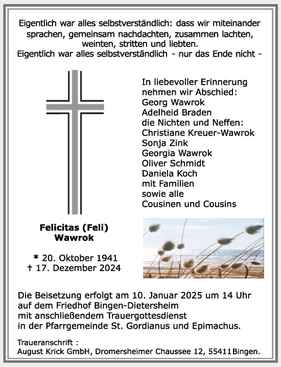 Traueranzeige von Felicitas Wawrok von Allgemeine Zeitung Rheinhessen-Nahe