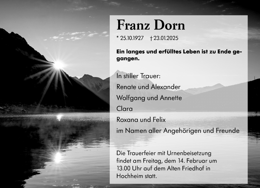  Traueranzeige für Franz Dorn vom 31.01.2025 aus Hochheimer Zeitung