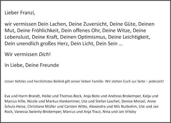 Traueranzeige von Franzi Jansen von Wiesbadener Kurier