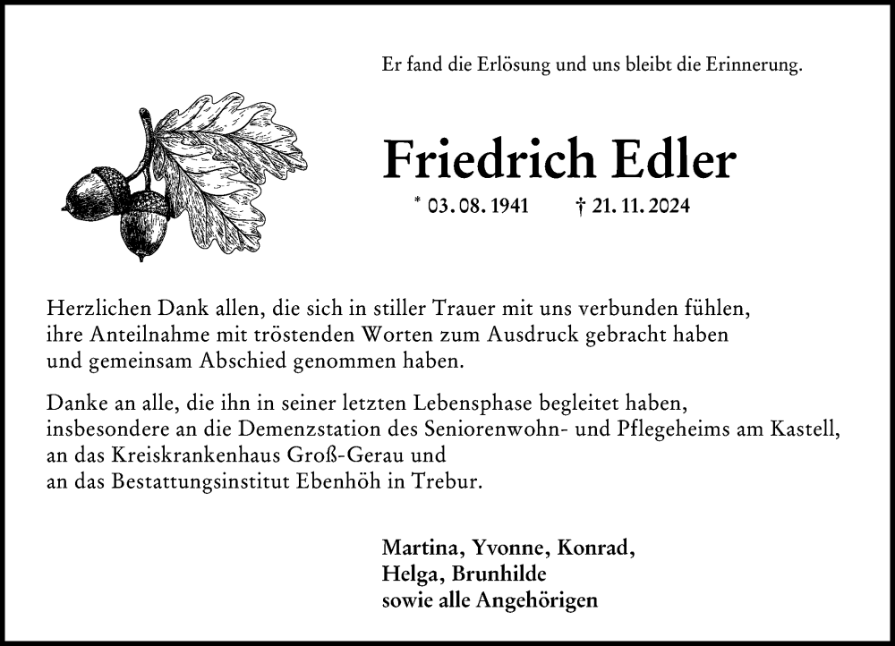  Traueranzeige für Friedrich Edler vom 11.01.2025 aus Groß-Gerauer Echo