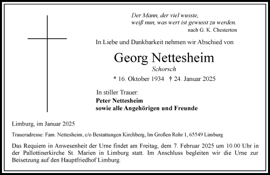 Traueranzeige von Georg Nettesheim von Hochheimer Zeitung