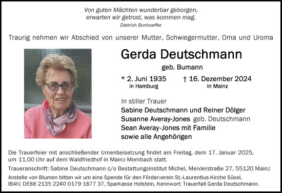 Traueranzeige von Gerda Deutschmann von Allgemeine Zeitung Mainz