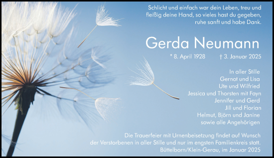 Traueranzeige von Gerda Neumann von Groß-Gerauer Echo