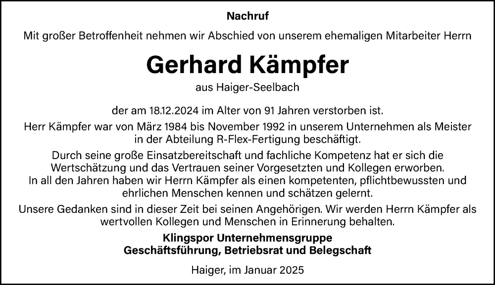  Traueranzeige für Gerhard Kämpfer vom 10.01.2025 aus Dill Block