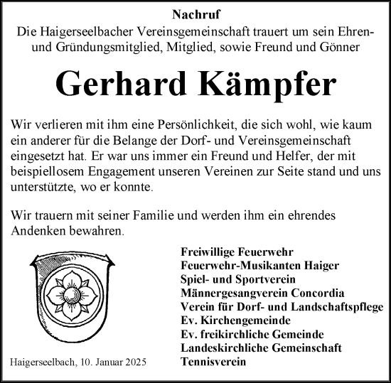 Traueranzeige von Gerhard Kämpfer von Dill Block