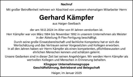 Traueranzeige von Gerhard Kämpfer von Dill Block