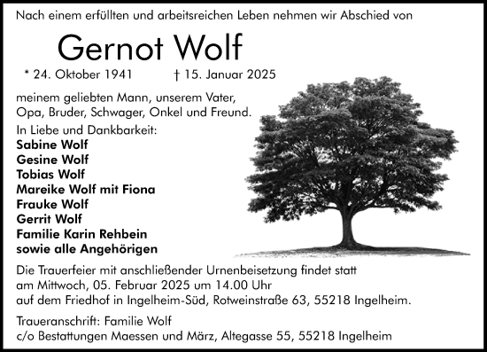 Traueranzeige von Gernot Wolf von Allgemeine Zeitung Rheinhessen-Nahe