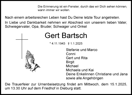 Traueranzeige von Gert Bartsch von Dieburger Anzeiger/Groß-Zimmerner Lokal-Anzeiger