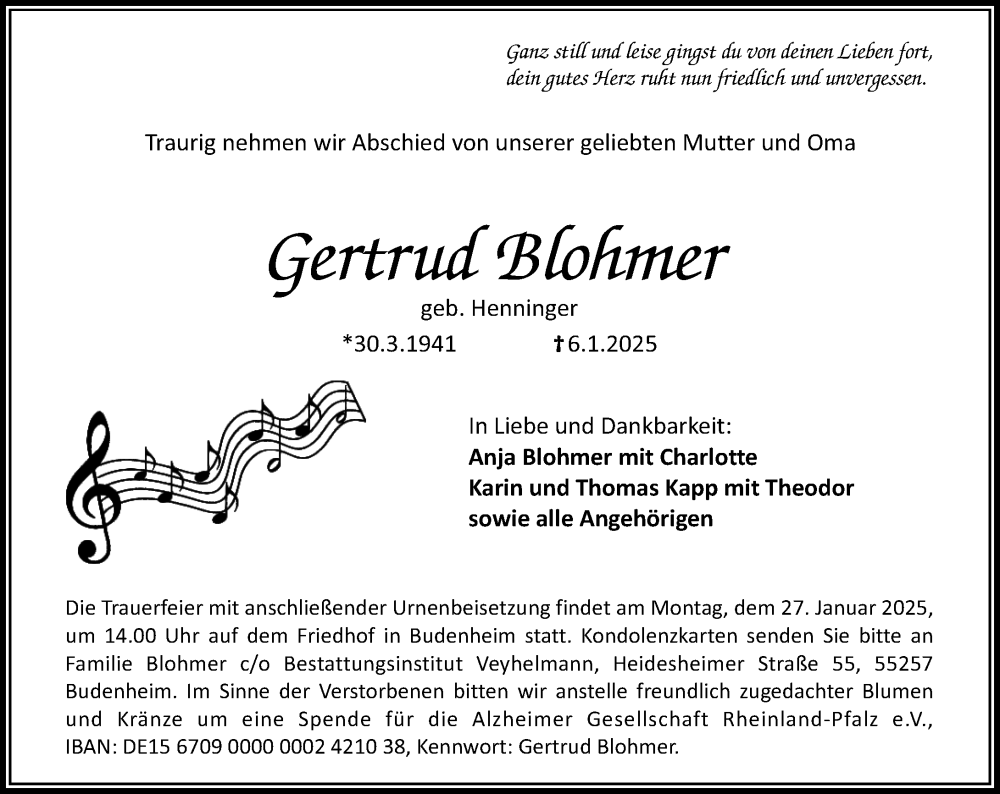  Traueranzeige für Gertrud Blohmer vom 18.01.2025 aus Allgemeine Zeitung Mainz