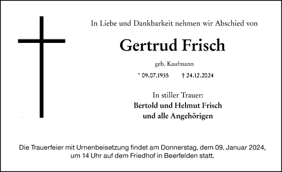Traueranzeige von Gertrud Frisch von Odenwälder Echo