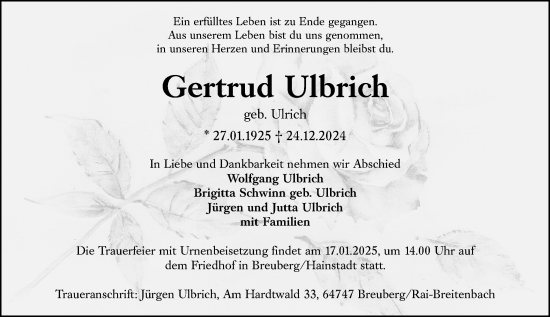Traueranzeige von Gertrud Ulbrich von Odenwälder Echo