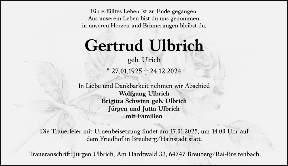  Traueranzeige für Gertrud Ulbrich vom 11.01.2025 aus Odenwälder Echo