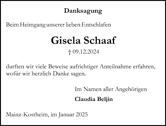 Traueranzeige von Gisela Schaaf von Allgemeine Zeitung Mainz