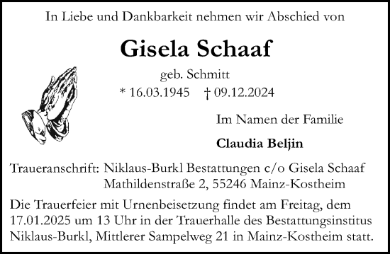Traueranzeige von Gisela Schaaf von Allgemeine Zeitung Mainz
