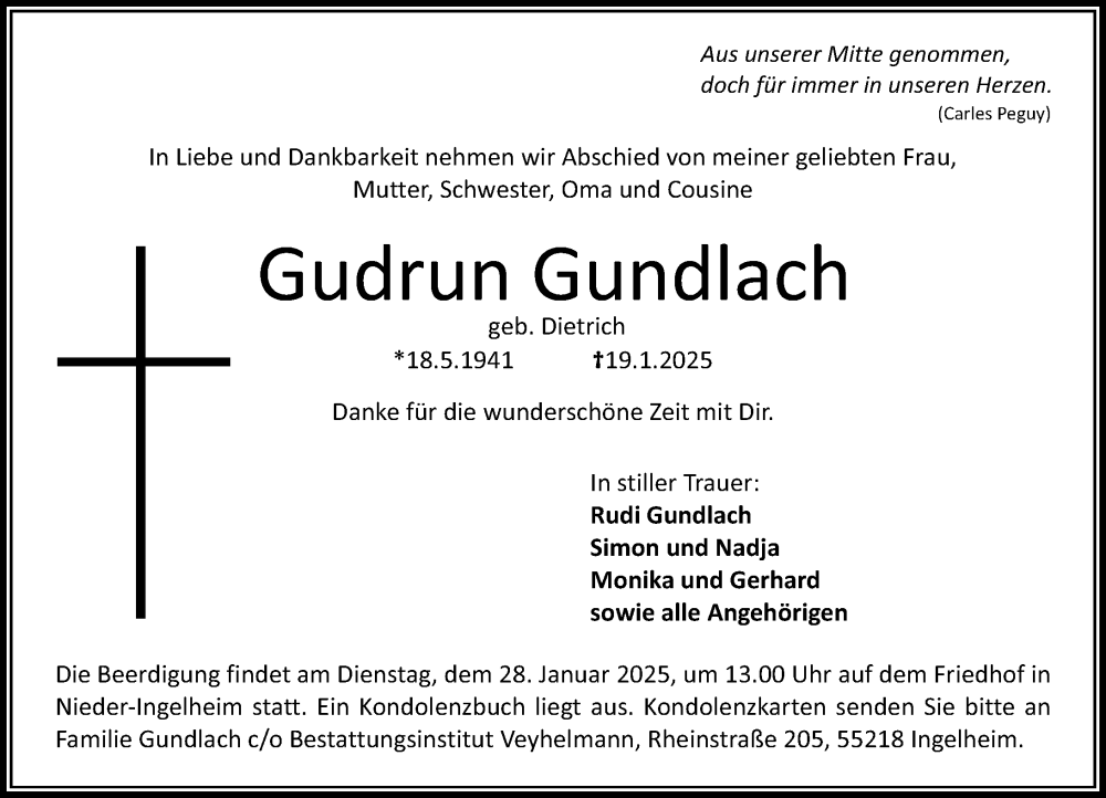  Traueranzeige für Gudrun Gundlach vom 25.01.2025 aus Allgemeine Zeitung Rheinhessen-Nahe