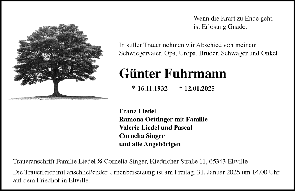  Traueranzeige für Günter Fuhrmann vom 25.01.2025 aus Rheingau Kurier