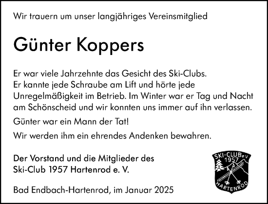 Traueranzeige von Günter Koppers von Hinterländer Anzeiger