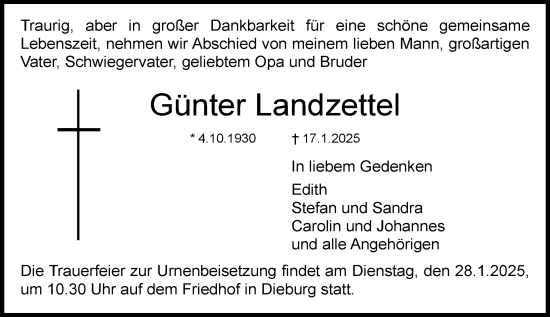 Traueranzeige von Günter Landzettel von Dieburger Anzeiger/Groß-Zimmerner Lokal-Anzeiger