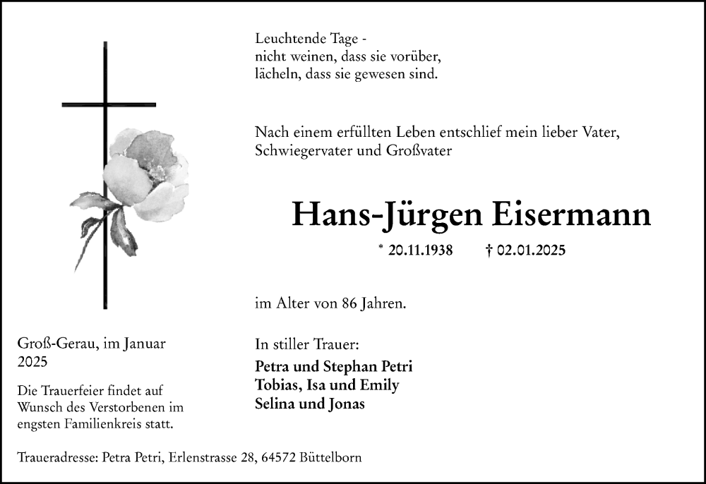  Traueranzeige für Hans-Jürgen Eisermann vom 11.01.2025 aus Groß-Gerauer Echo