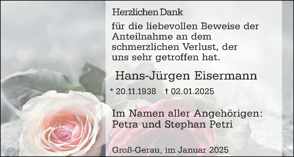  Traueranzeige für Hans-Jürgen Eisermann vom 25.01.2025 aus Groß-Gerauer Echo
