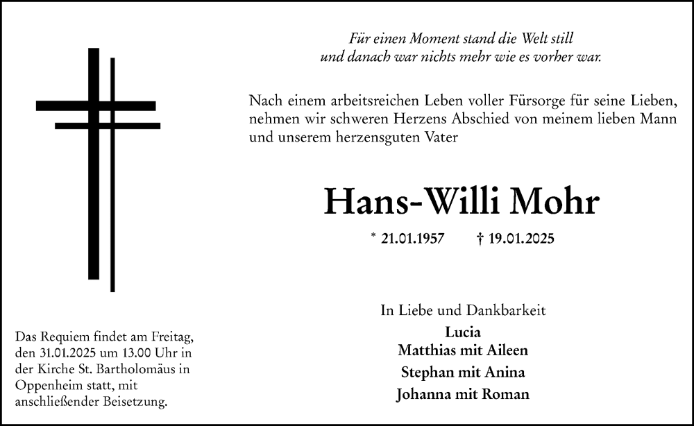  Traueranzeige für Hans-Willi Mohr vom 29.01.2025 aus Allgemeine Zeitung Mainz