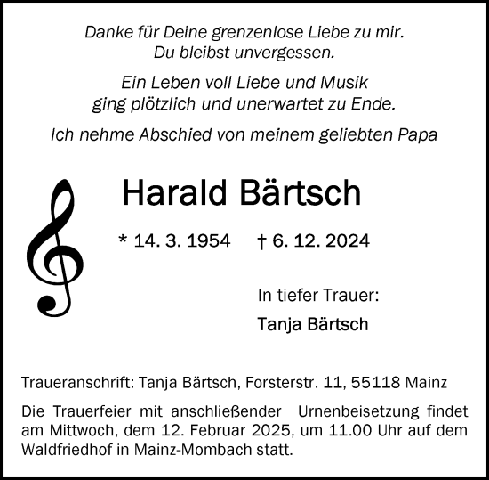 Traueranzeige von Harald Bärtsch von Allgemeine Zeitung Mainz