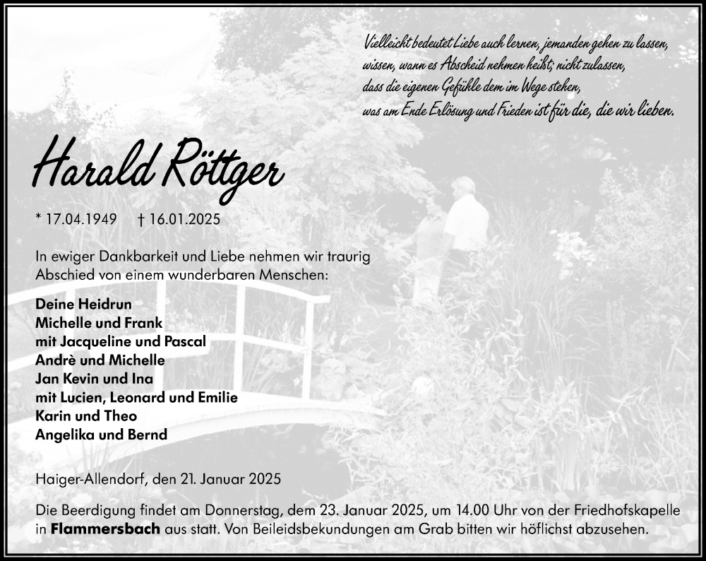  Traueranzeige für Harald Röttger vom 21.01.2025 aus Dill Block