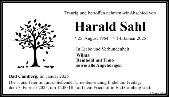 Traueranzeige von Harald Sahl von Camberger Anzeiger