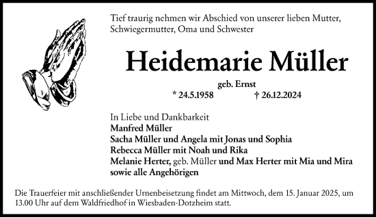 Traueranzeige von Heidemarie Müller von Wiesbadener Kurier
