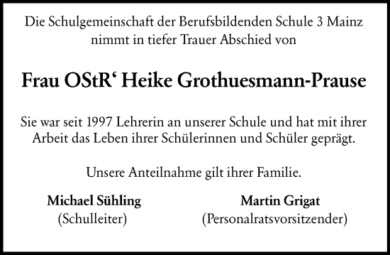 Traueranzeige von Heike Grothuesmann-Prause von Allgemeine Zeitung Mainz