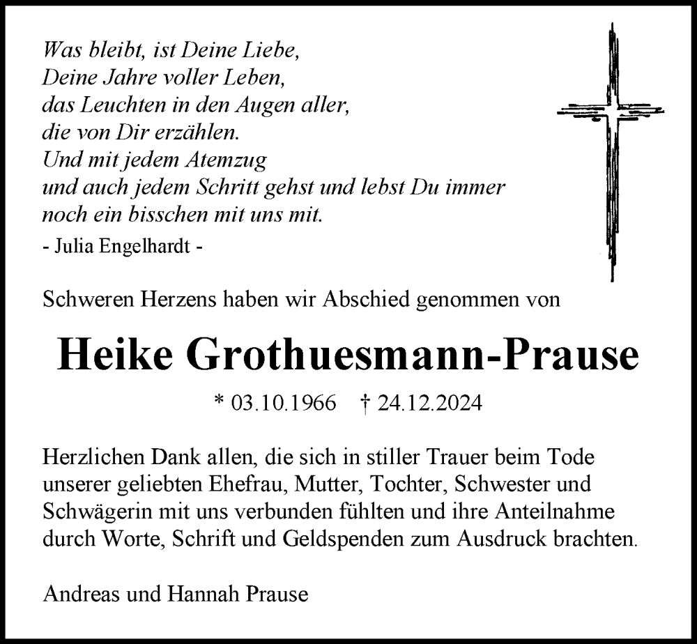  Traueranzeige für Heike Grothuesmann-Prause vom 25.01.2025 aus Allgemeine Zeitung Mainz