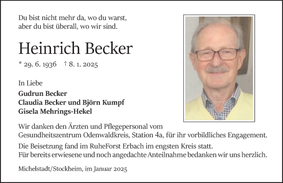 Traueranzeige von Heinrich Becker von Odenwälder Echo