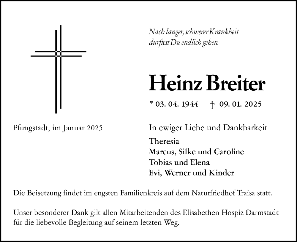  Traueranzeige für Heinz Breiter vom 18.01.2025 aus Darmstädter Echo