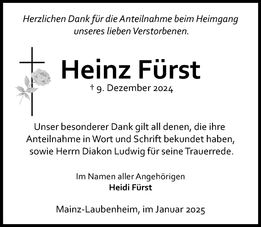  Traueranzeige für Heinz Fürst vom 11.01.2025 aus Allgemeine Zeitung Mainz