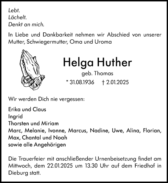 Traueranzeige von Helga Huther von Dieburger Anzeiger/Groß-Zimmerner Lokal-Anzeiger