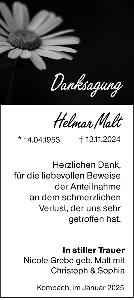 Traueranzeige von Helmar Malt von Hinterländer Anzeiger