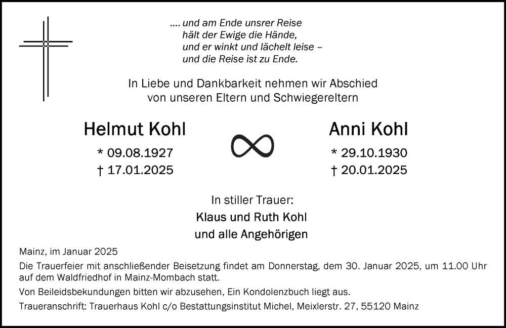  Traueranzeige für Helmut Kohl vom 25.01.2025 aus Allgemeine Zeitung Mainz