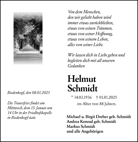 Traueranzeige von Helmut Schmidt von Hinterländer Anzeiger