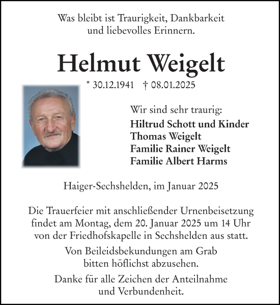 Traueranzeige von Helmut Weigelt von Dill Block