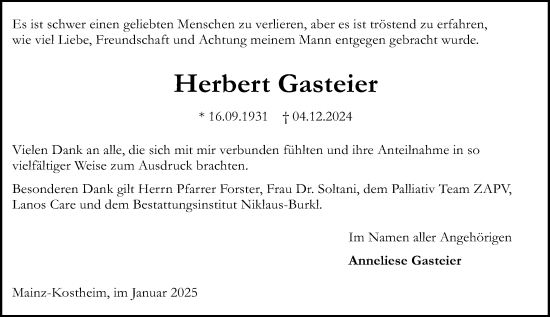 Traueranzeige von Herbert Gasteier von Wiesbadener Kurier