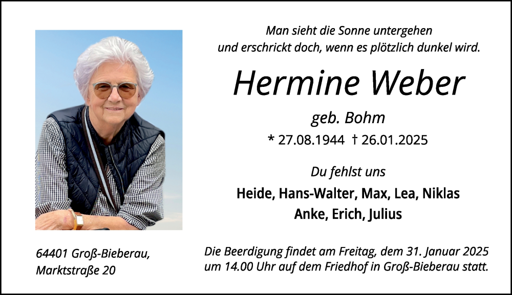  Traueranzeige für Hermine Weber vom 29.01.2025 aus Darmstädter Echo