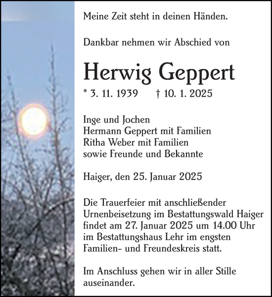 Traueranzeige von Herwig Geppert von Dill Block