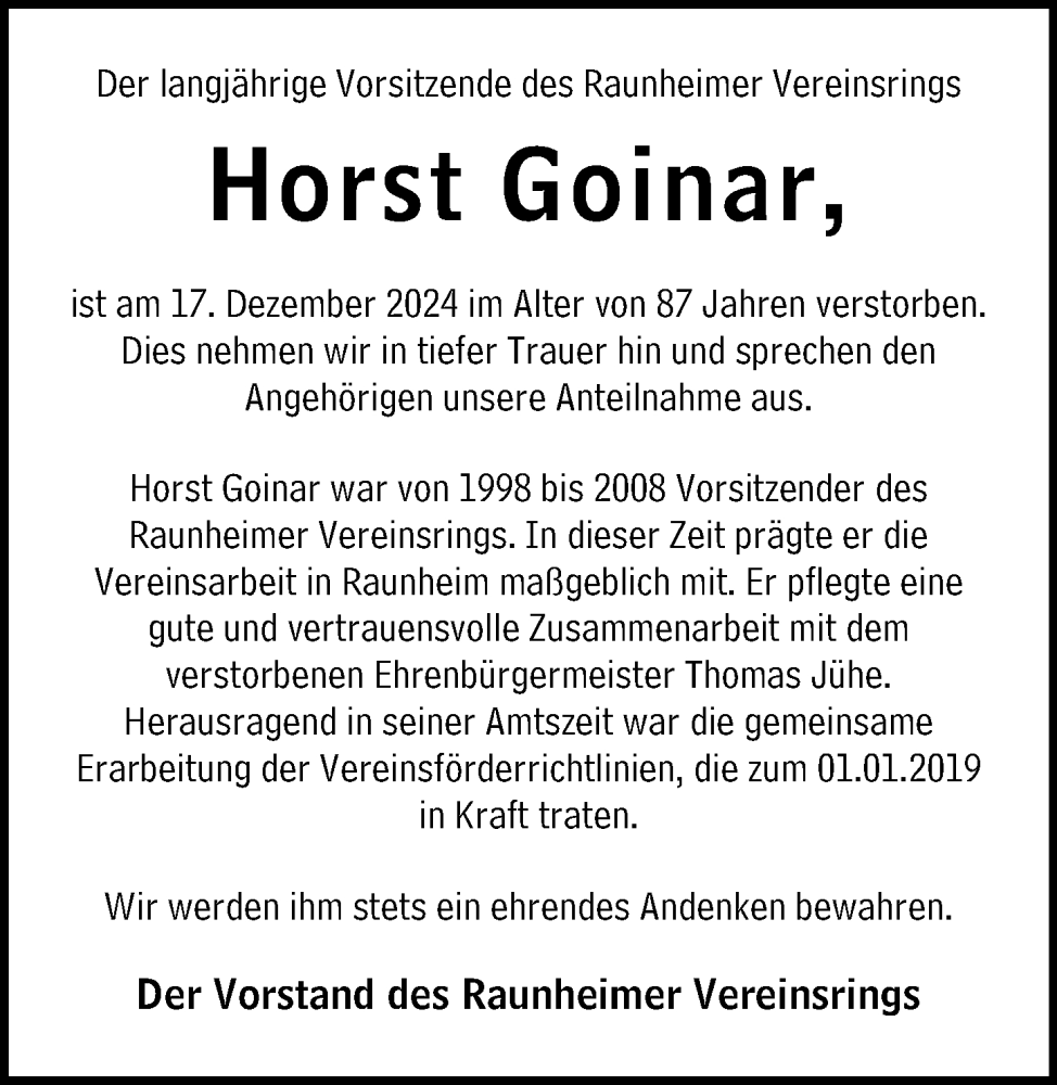  Traueranzeige für Horst Goinar vom 20.01.2025 aus Rüsselsheimer Echo