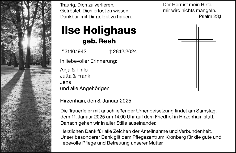  Traueranzeige für Ilse Holighaus vom 08.01.2025 aus Dill Block