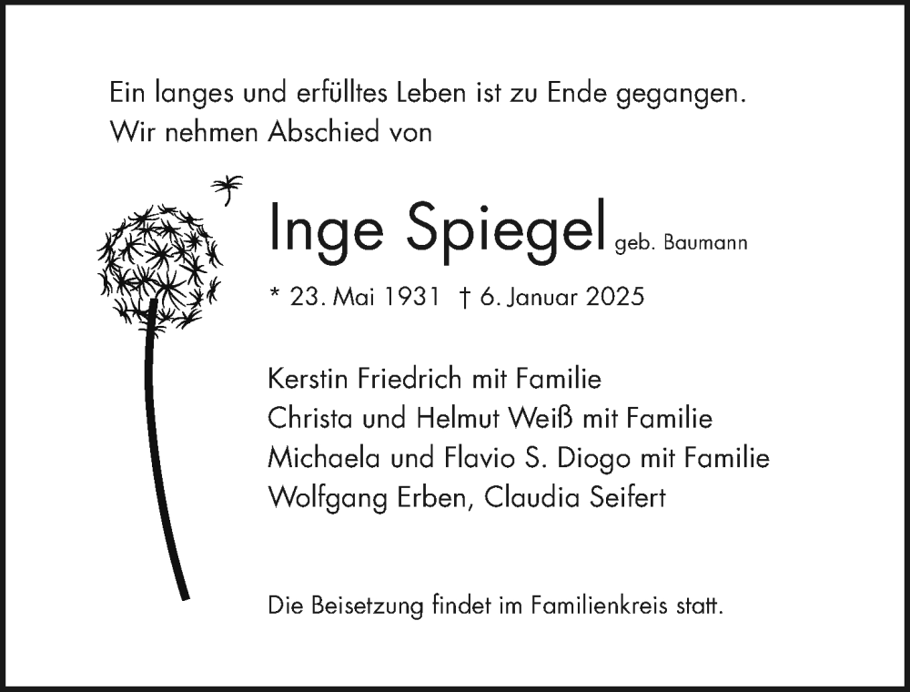  Traueranzeige für Inge Spiegel vom 18.01.2025 aus Darmstädter Echo