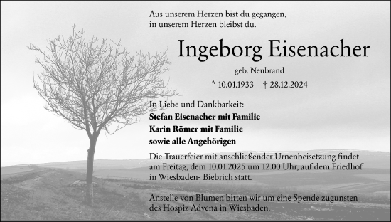Traueranzeige von Ingeborg Eisenacher von Wiesbadener Kurier