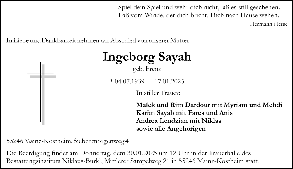  Traueranzeige für Ingeborg Sayah vom 25.01.2025 aus Allgemeine Zeitung Mainz